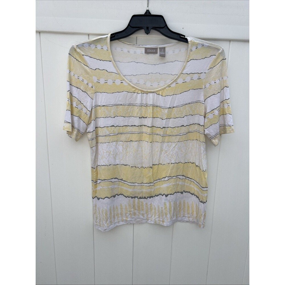 Chico's Women's 2 Multicolor Top Scoop Neck Short Sleeve Pullover Rayon